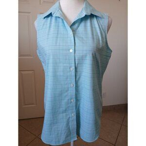 Lands End Womens Blouse Shirt Blue Sleeveless Button Up Plaid Size 8 Casual